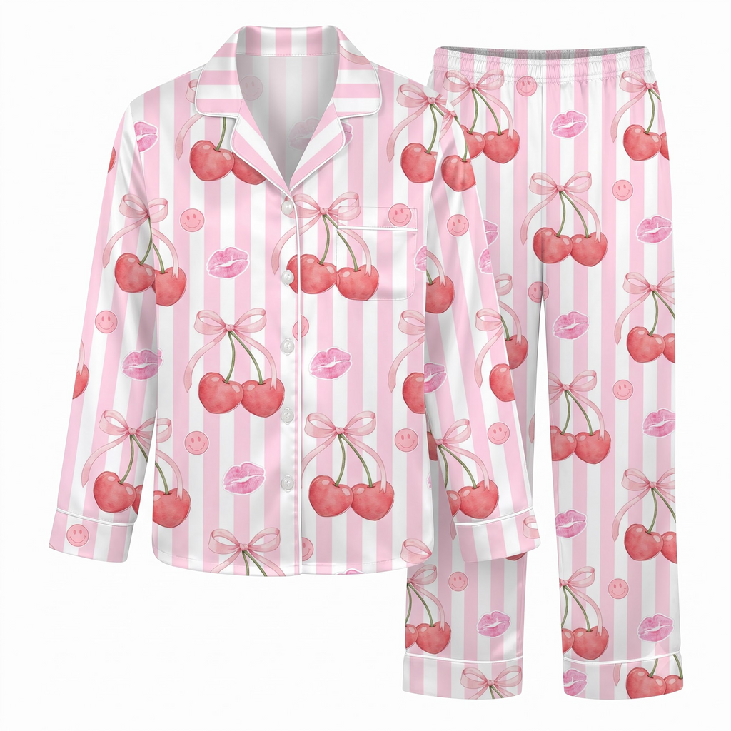 Pink Cherry Satin Pajama Set, Coquette Bow Cherry Silk Sleepwear, Striped Lip Kiss Button Down Pjs, Valentine Gift for Her