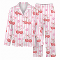 Pink Cherry Satin Pajama Set, Coquette Bow Cherry Silk Sleepwear, Striped Lip Kiss Button Down Pjs, Valentine Gift for Her
