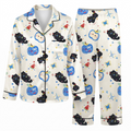 Black Cat Satin Pajama Set, Whimsical Cute Cat Silk Sleepwear, Button Down Long Sleeve Pjs, Cat Lover Gift for Her
