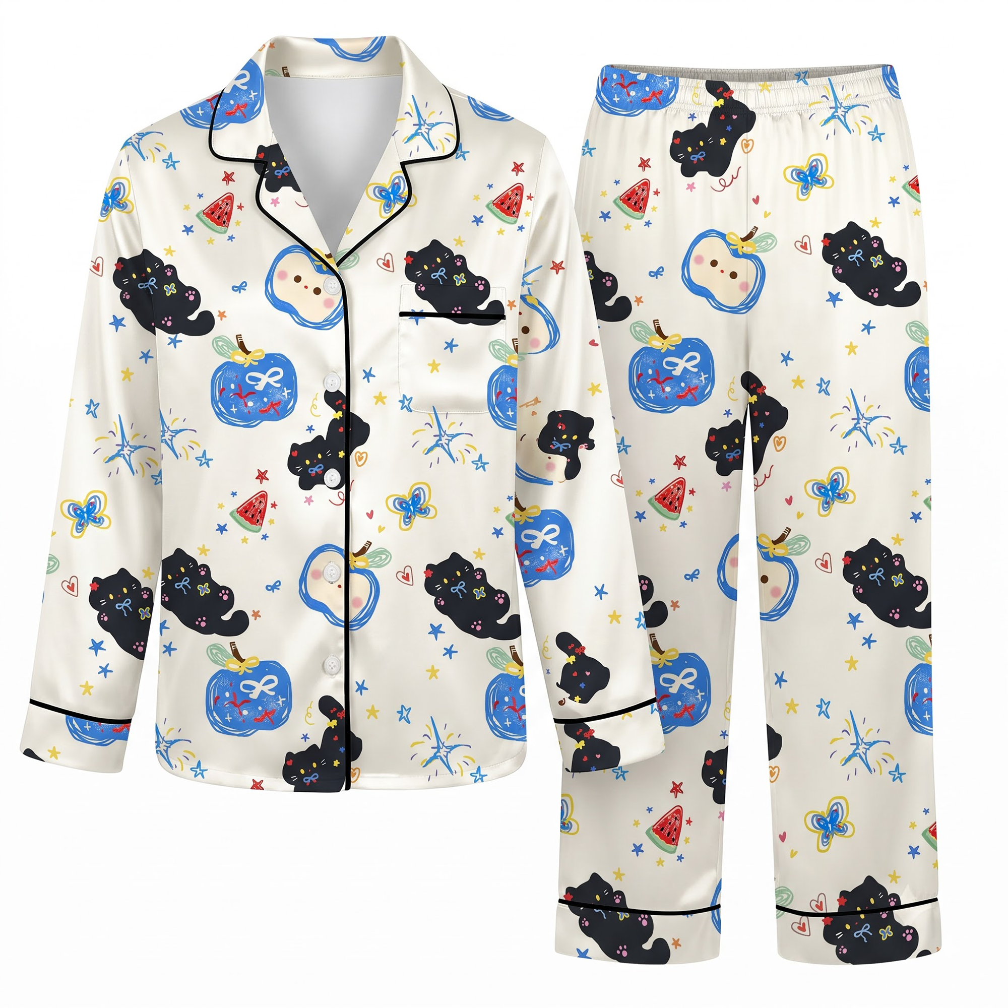 Black Cat Satin Pajama Set, Whimsical Cute Cat Silk Sleepwear, Button Down Long Sleeve Pjs, Cat Lover Gift for Her
