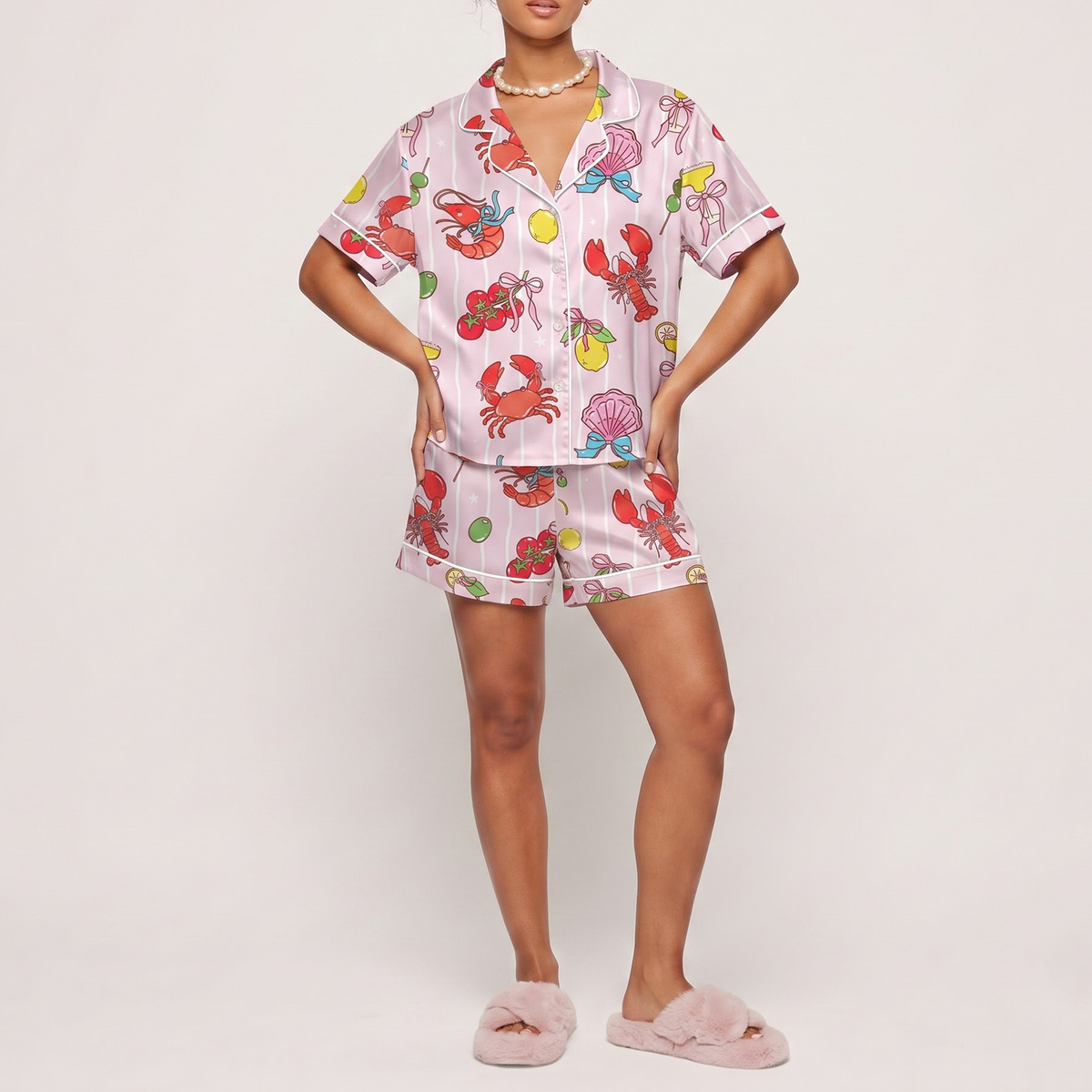 Pink Lobster Satin Pajama Set, Coquette Seafood Silk Sleepwear, Coastal Summer Button Down Pjs, Bachelorette Gift for Her