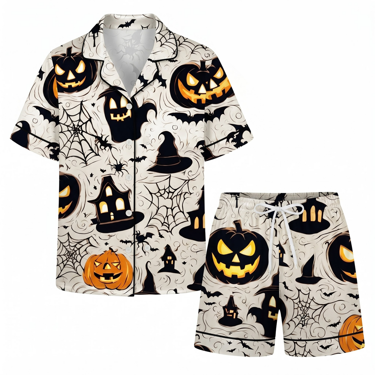 Vintage Halloween Satin Pajama Set, Spooky Pumpkin Silk Sleepwear, Haunted House Button Down Pjs, Witchy Gift for Her