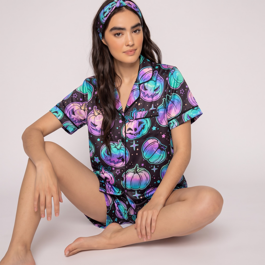 Holographic Halloween Satin Pajama Set, Iridescent Pumpkin Silk Sleepwear, Pastel Goth Button Down Pjs, Spooky Gift for Her