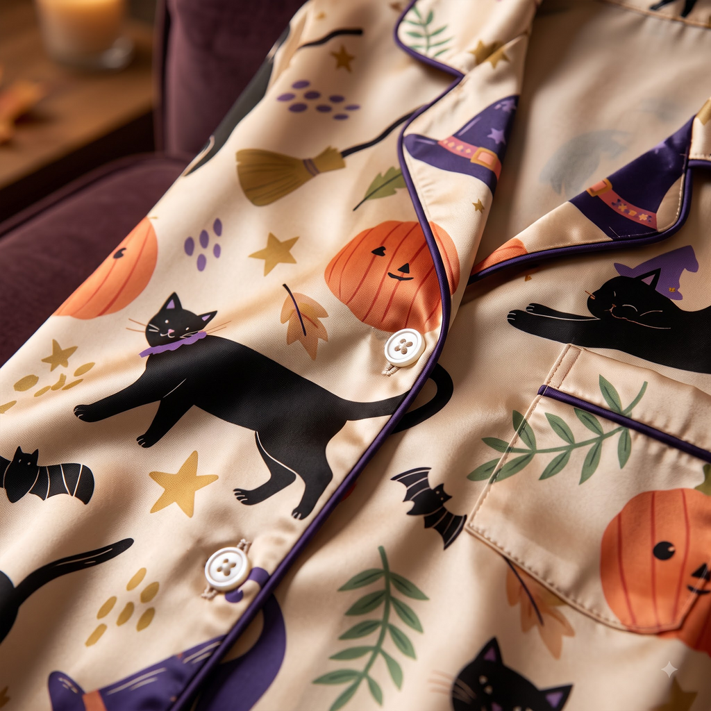 Black Cat Halloween Satin Pajama Set, Pumpkin Silk PJs , Spooky Cute Fall Sleepwear, Halloween Gift for Her