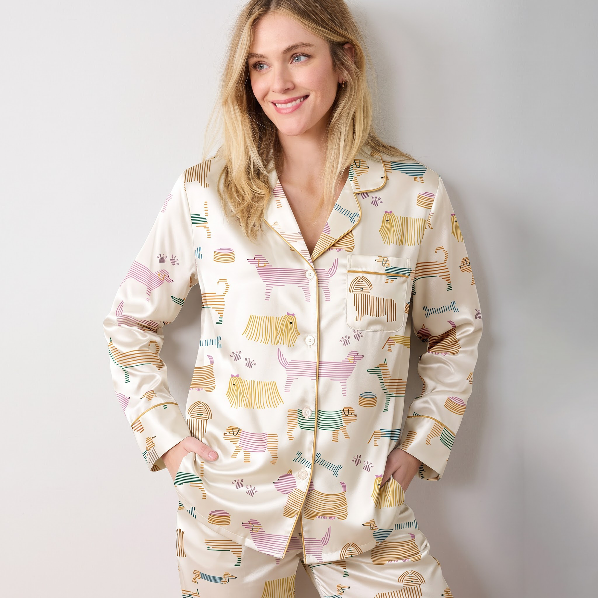 Colorful Dog Satin Pajama Set, Cute Dog Line Art Silk Sleepwear, Button Down Long Sleeve Pjs, Dog Lover Gift for Her