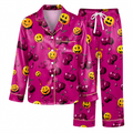 Pink Halloween Cherry Satin Pajama Set, Spooky Smiley Silk Sleepwear, Dripping Cherry Button Down Pjs, Cute Gift for Her