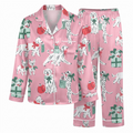 Pink Christmas Dog Satin Pajama Set, Dalmatian Silk Sleepwear, Festive Holiday Button Down Pjs, Dog Lover Gift for Her