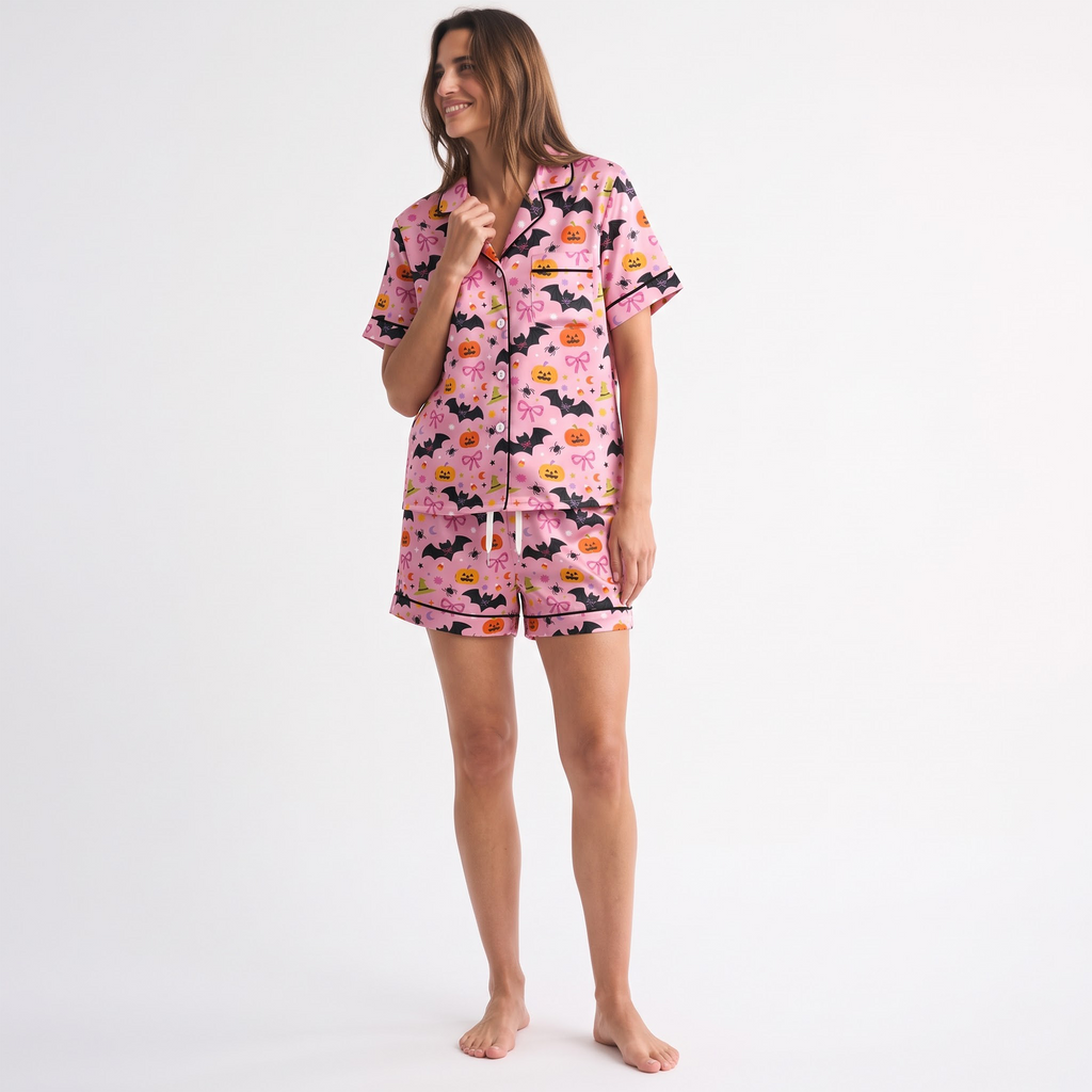 Pink Halloween Satin Pajama Set, Cute Pumpkin Bat Bow Pajamas, Coquette Halloween PJs, Spooky Pink Sleepwear, Halloween Gift