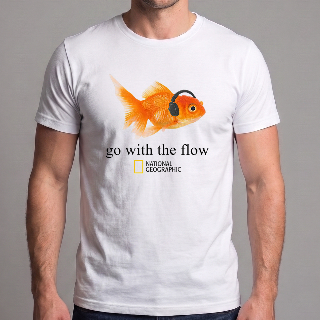 Go With the Flow Goldfish T-Shirt – Funny Fish Wearing Headphones Graphic Tee, Music Lover Aquarium Shirt