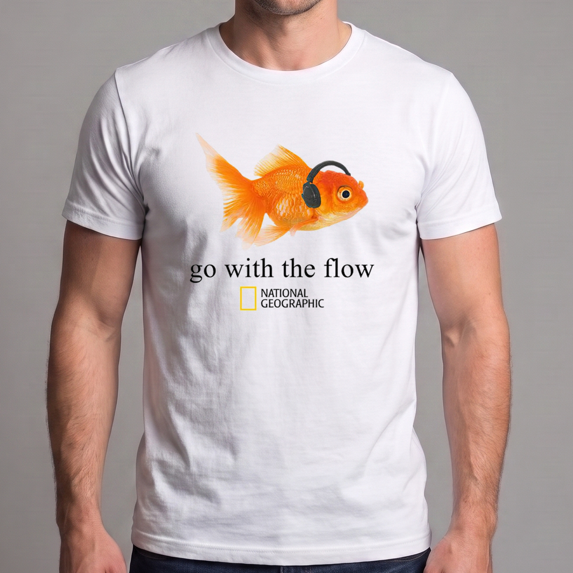 Go With the Flow Goldfish T-Shirt – Funny Fish Wearing Headphones Graphic Tee, Music Lover Aquarium Shirt