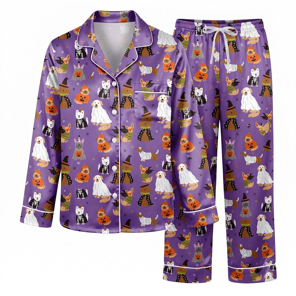 Halloween Dog Satin Pajama Set, Purple Spooky Puppy Pajamas, Cute Dog Costume PJs, Pumpkin Pet Halloween Sleepwear, Dog Lover Gift