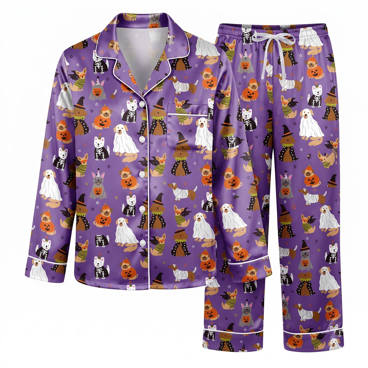 Halloween Dog Satin Pajama Set, Purple Spooky Puppy Pajamas, Cute Dog Costume PJs, Pumpkin Pet Halloween Sleepwear, Dog Lover Gift