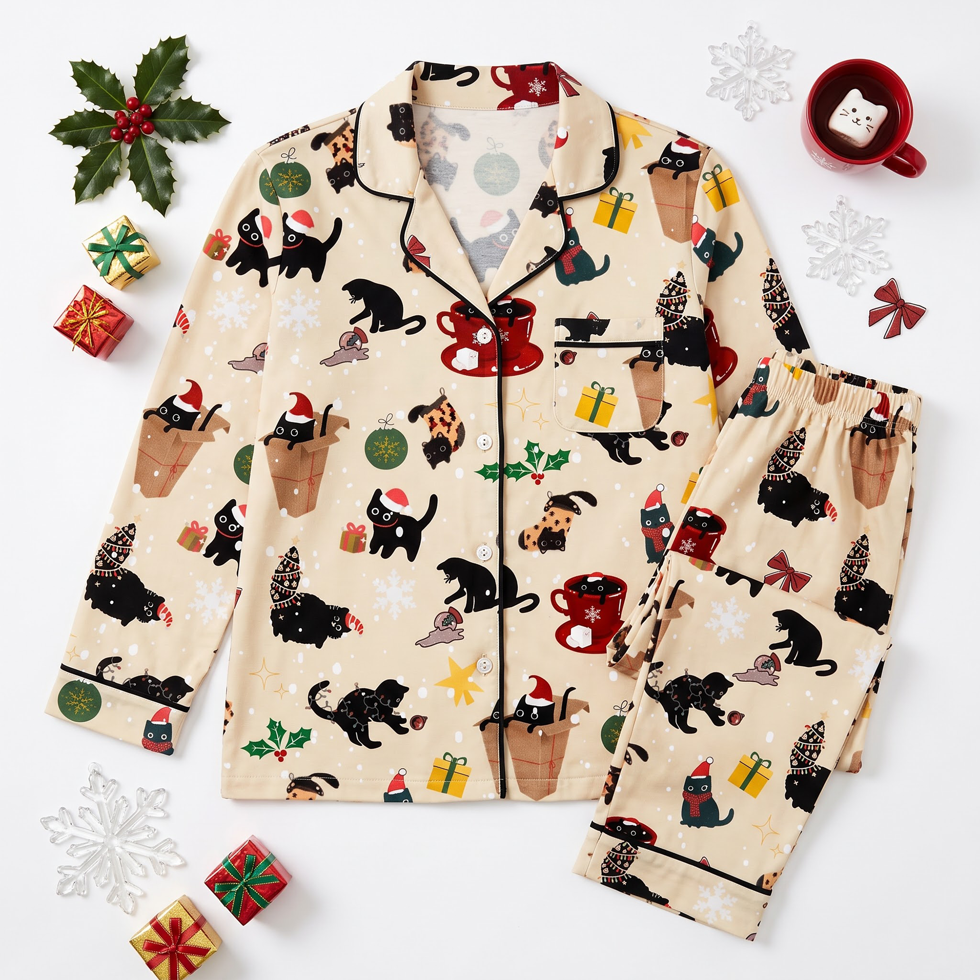 Christmas Black Cat Satin Pajama Set, Black Cat Holiday Silk PJs , Cute Cat Lover Sleepwear, Christmas Gift for Cat Mom