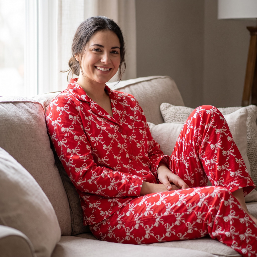 Red Bow Satin Pajama Set, Coquette Ribbon Silk PJs Long Sleeve, Festive Christmas Holiday Sleepwear, Cute Satin Loungewear Gift for Her