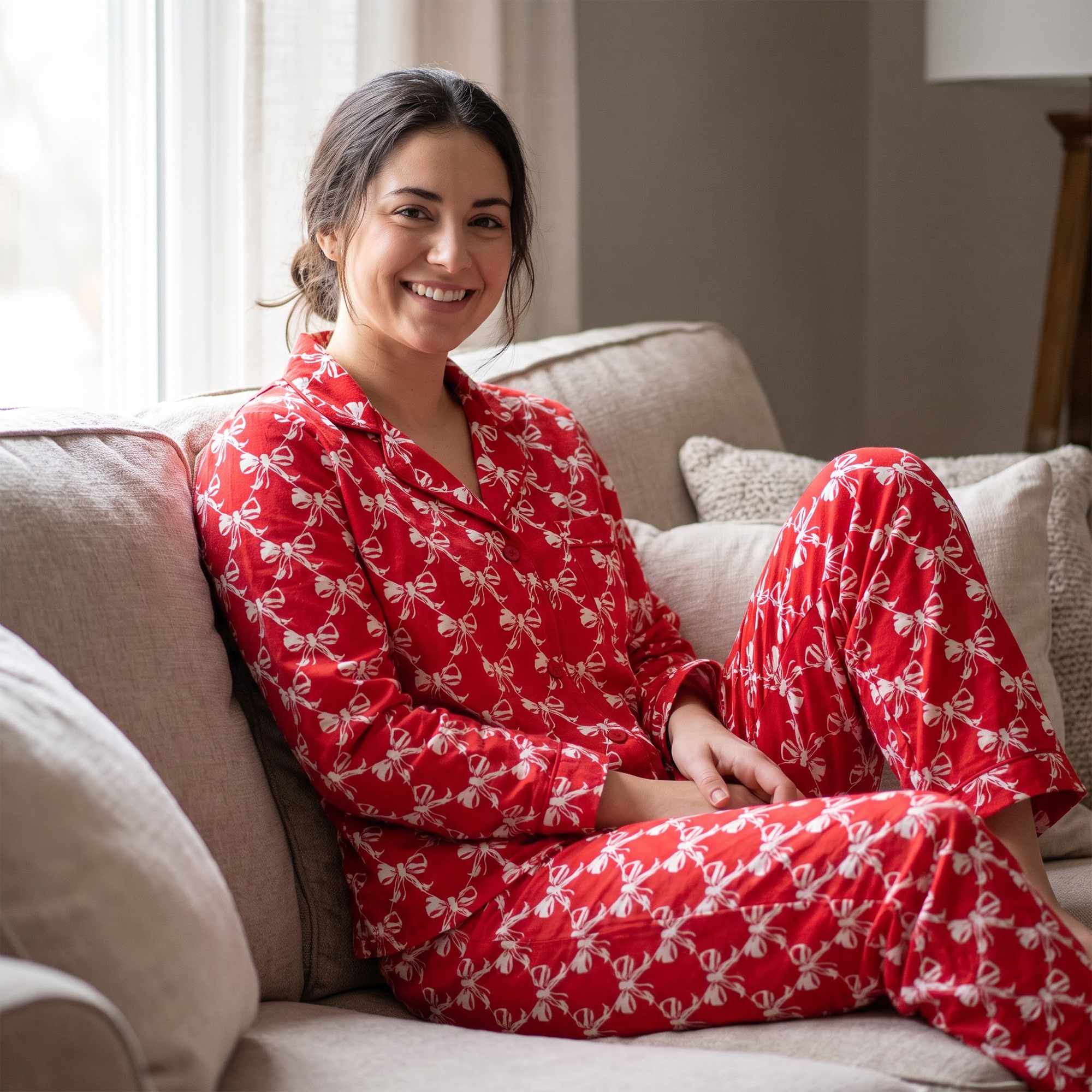 Red Bow Satin Pajama Set, Coquette Ribbon Silk PJs Long Sleeve, Festive Christmas Holiday Sleepwear, Cute Satin Loungewear Gift for Her
