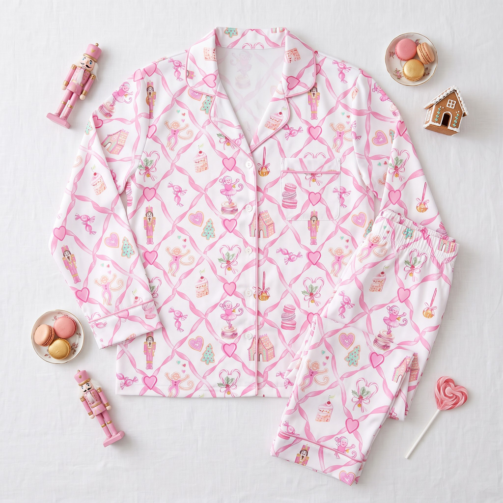 Pink Christmas Satin Pajama Set, Nutcracker Silk PJs , Coquette Holiday Sleepwear, Pink Gingerbread Christmas Gift for Her