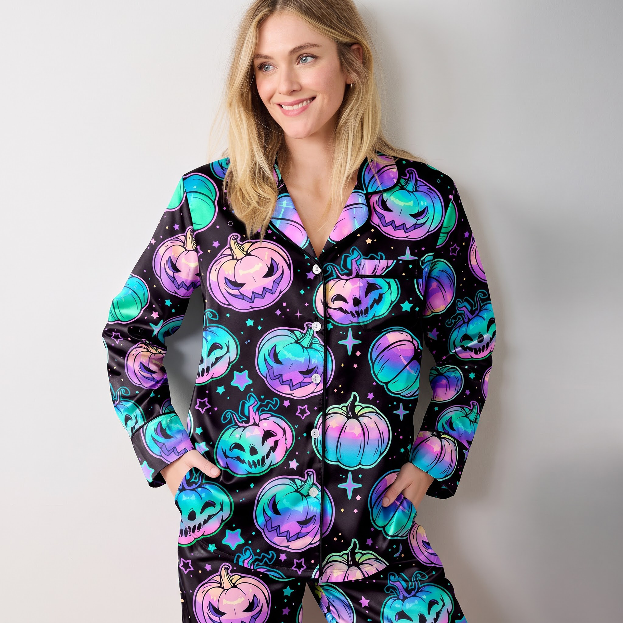 Holographic Halloween Satin Pajama Set, Iridescent Pumpkin Silk Sleepwear, Pastel Goth Button Down Pjs, Spooky Gift for Her