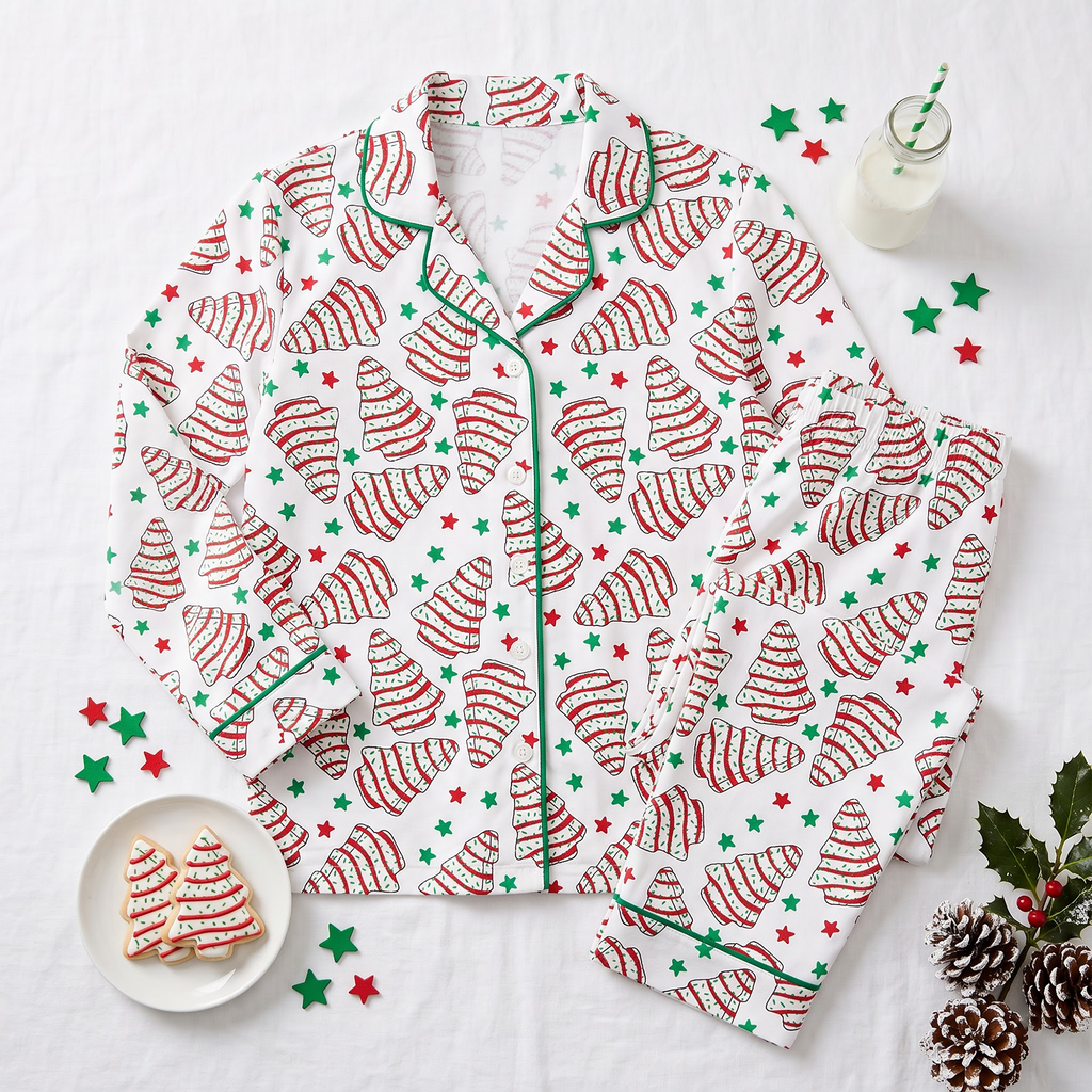 Christmas Tree Cake Satin Pajama Set, Festive Cookie Silk PJs , Holiday Season Sleepwear, Cute Christmas Gift for Her