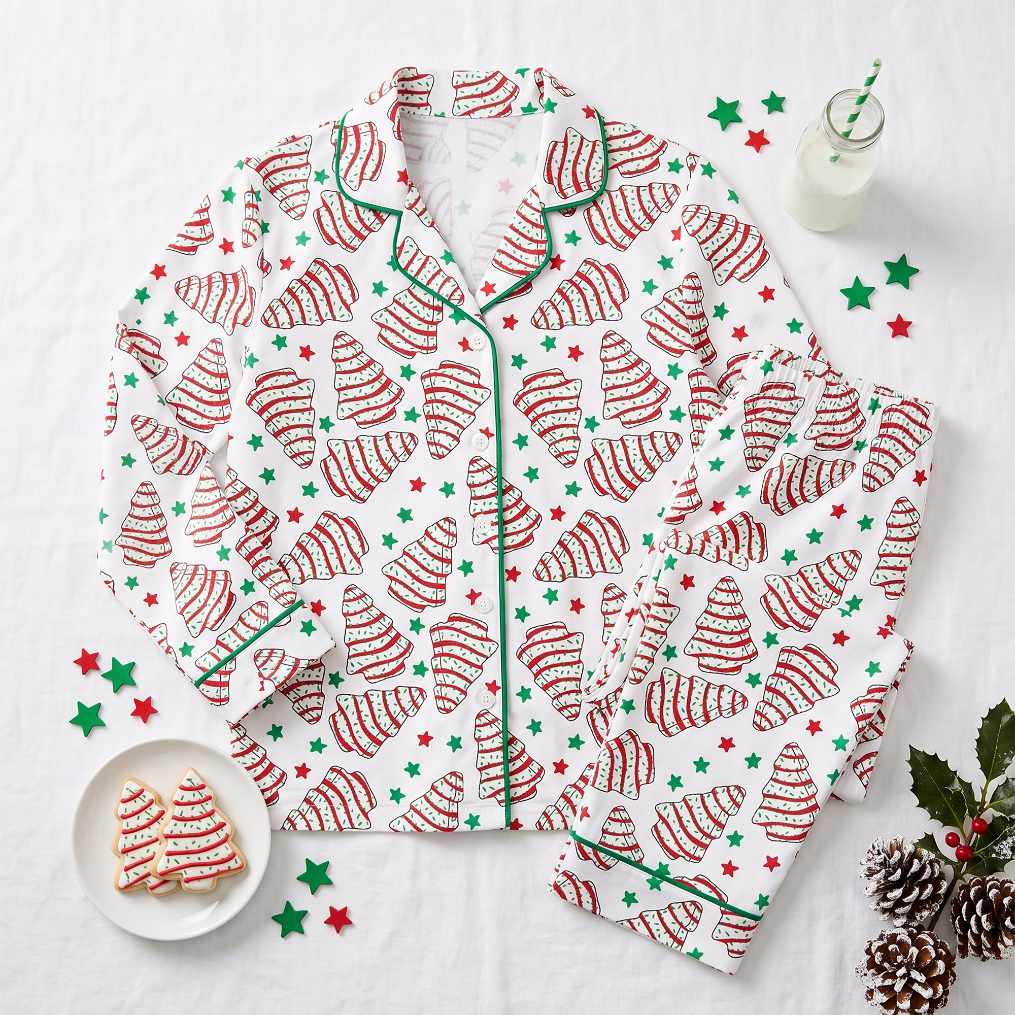 Christmas Tree Cake Satin Pajama Set, Festive Cookie Silk PJs , Holiday Season Sleepwear, Cute Christmas Gift for Her