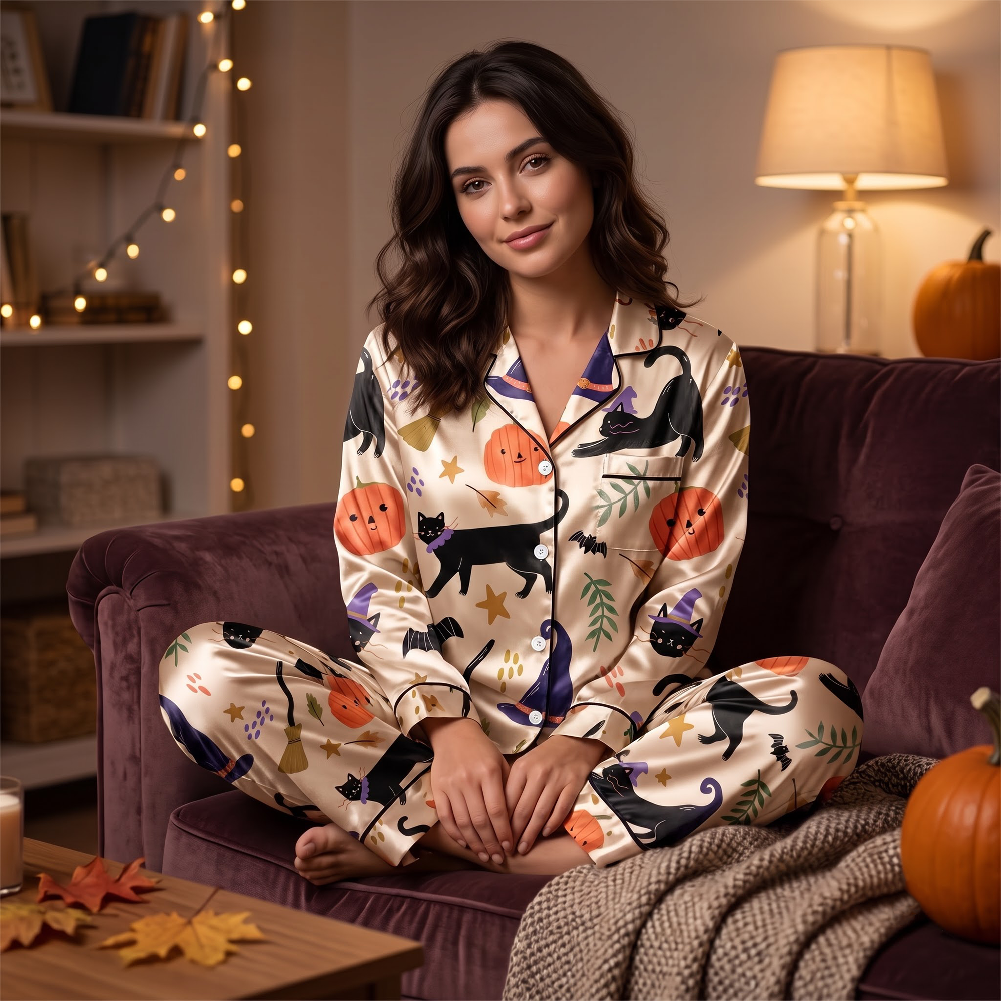 Black Cat Halloween Satin Pajama Set, Pumpkin Silk PJs , Spooky Cute Fall Sleepwear, Halloween Gift for Her