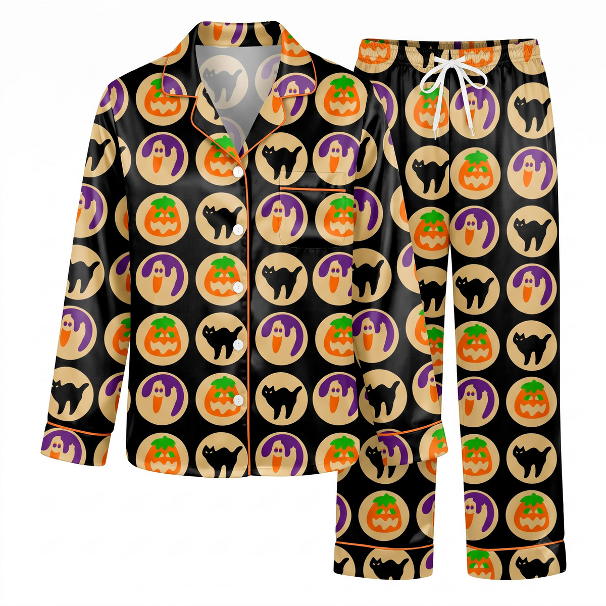 Halloween Pumpkin Ghost Satin Pajama Set, Black Cat Silk Sleepwear, Retro Spooky Button Down Pjs, Cute Halloween Gift for Her