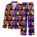 Halloween Purple Cat Satin Pajama Set, Spooky Skull Silk Sleepwear, Button Down Long Sleeve Pjs, Witchy Gift for Her