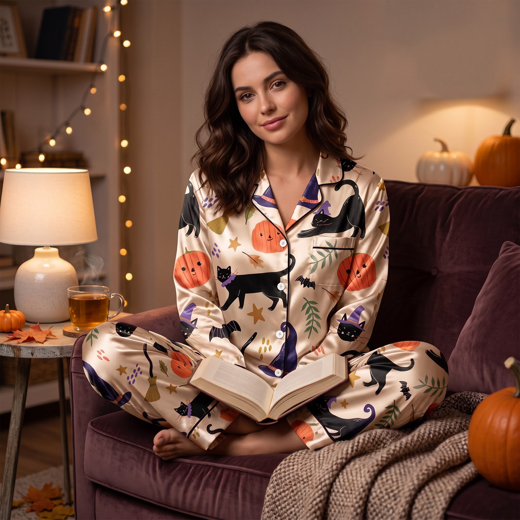 Black Cat Halloween Satin Pajama Set, Pumpkin Silk PJs , Spooky Cute Fall Sleepwear, Halloween Gift for Her