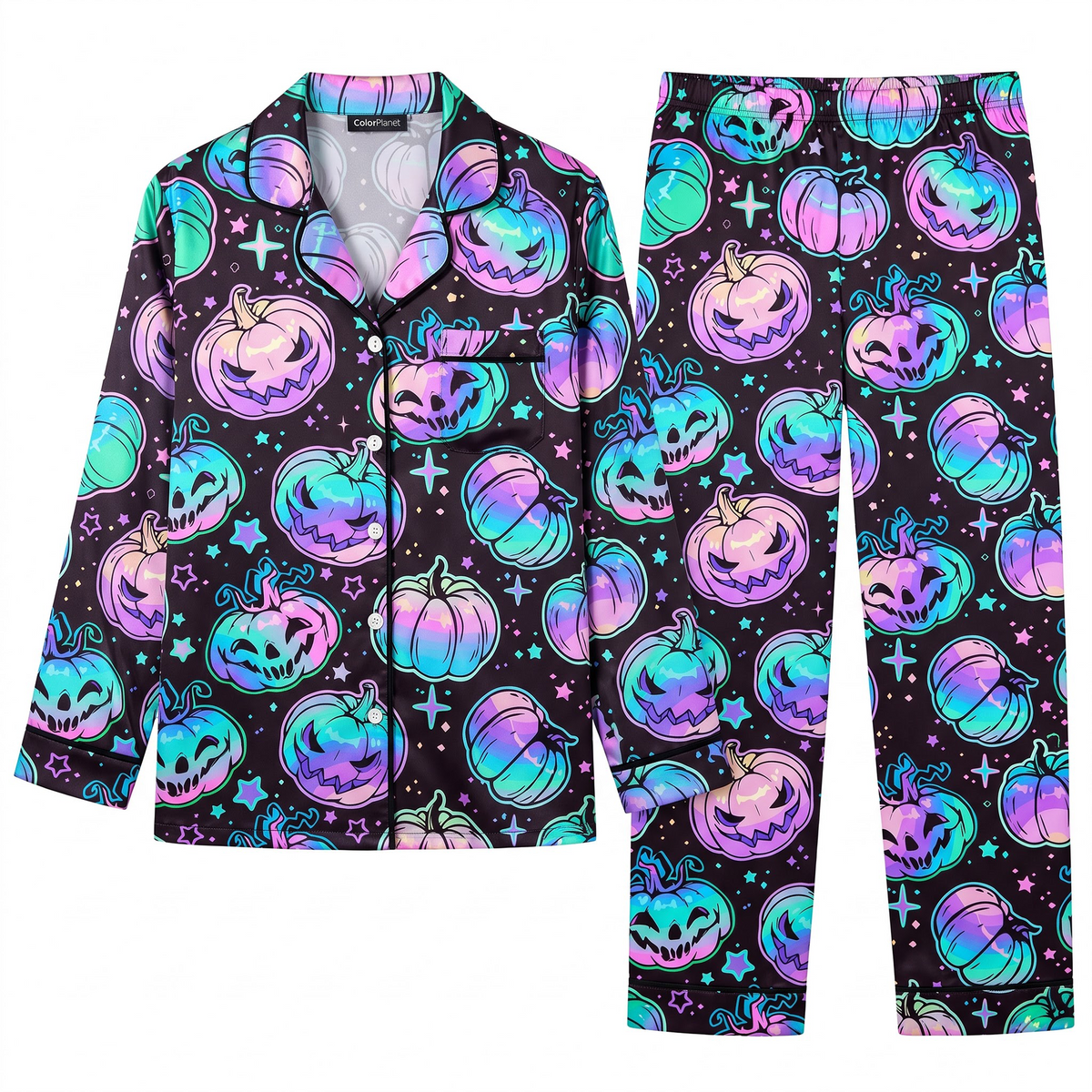 Holographic Halloween Satin Pajama Set, Iridescent Pumpkin Silk Sleepwear, Pastel Goth Button Down Pjs, Spooky Gift for Her