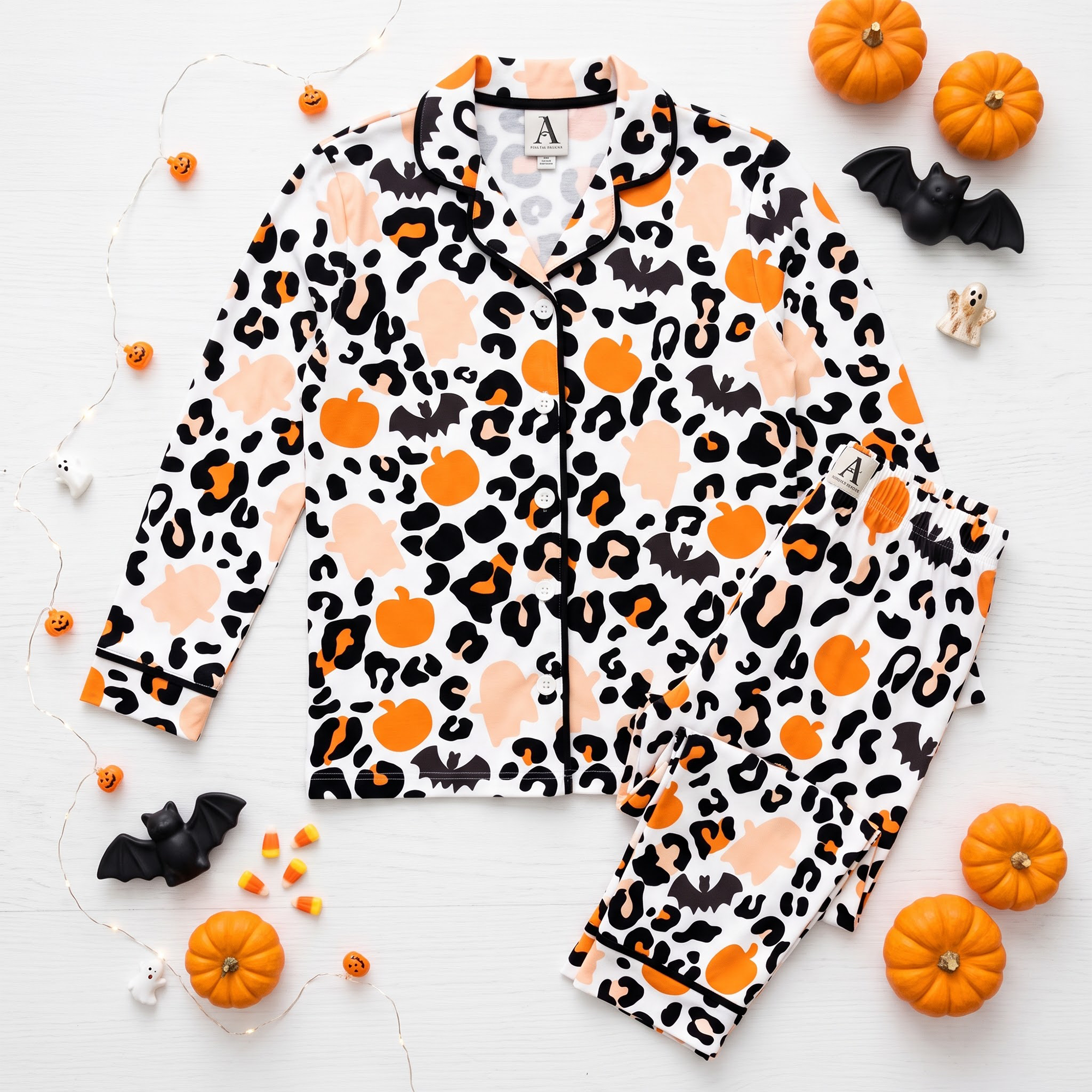 Halloween Leopard Satin Pajama Set, Spooky Cheetah Silk PJs, Pumpkin Bat Sleepwear, Cute Halloween Gift for Her