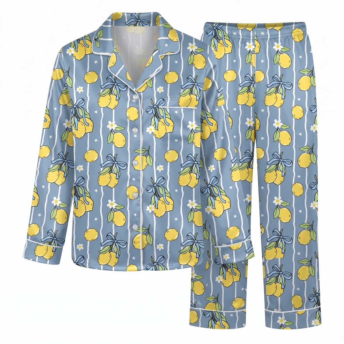Blue Lemon Satin Pajama Set, Coquette Blue Bow Silk Sleepwear, Coastal Amalfi Summer Button Down Pjs, Gift for Her Bestie