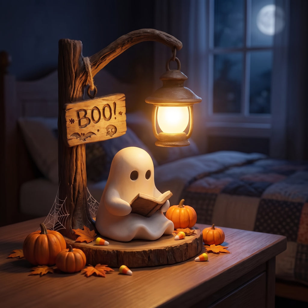 Cute Ghost Reading Lantern Halloween Resin Figurine Ornament With Boo Sign For Indoor Home Tabletop Holiday Party Decoration