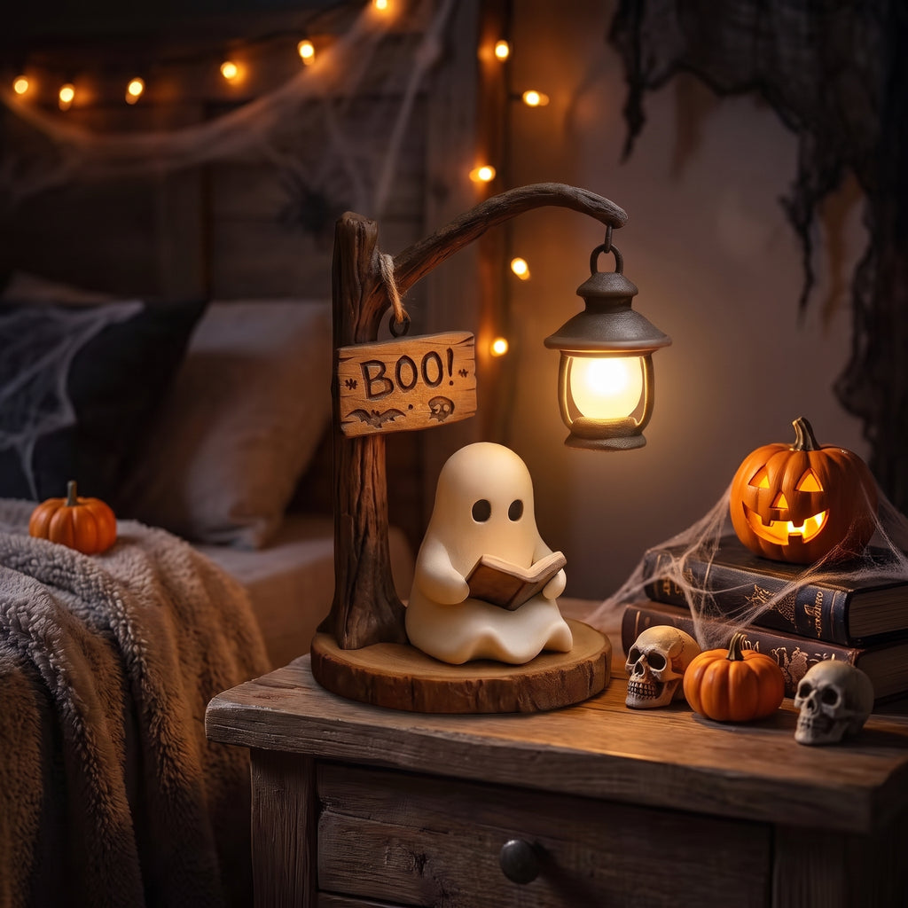 Cute Ghost Reading Lantern Halloween Resin Figurine Ornament With Boo Sign For Indoor Home Tabletop Holiday Party Decoration