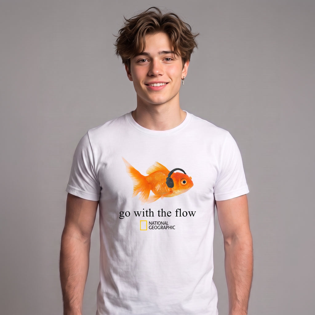 Go With the Flow Goldfish T-Shirt – Funny Fish Wearing Headphones Graphic Tee, Music Lover Aquarium Shirt