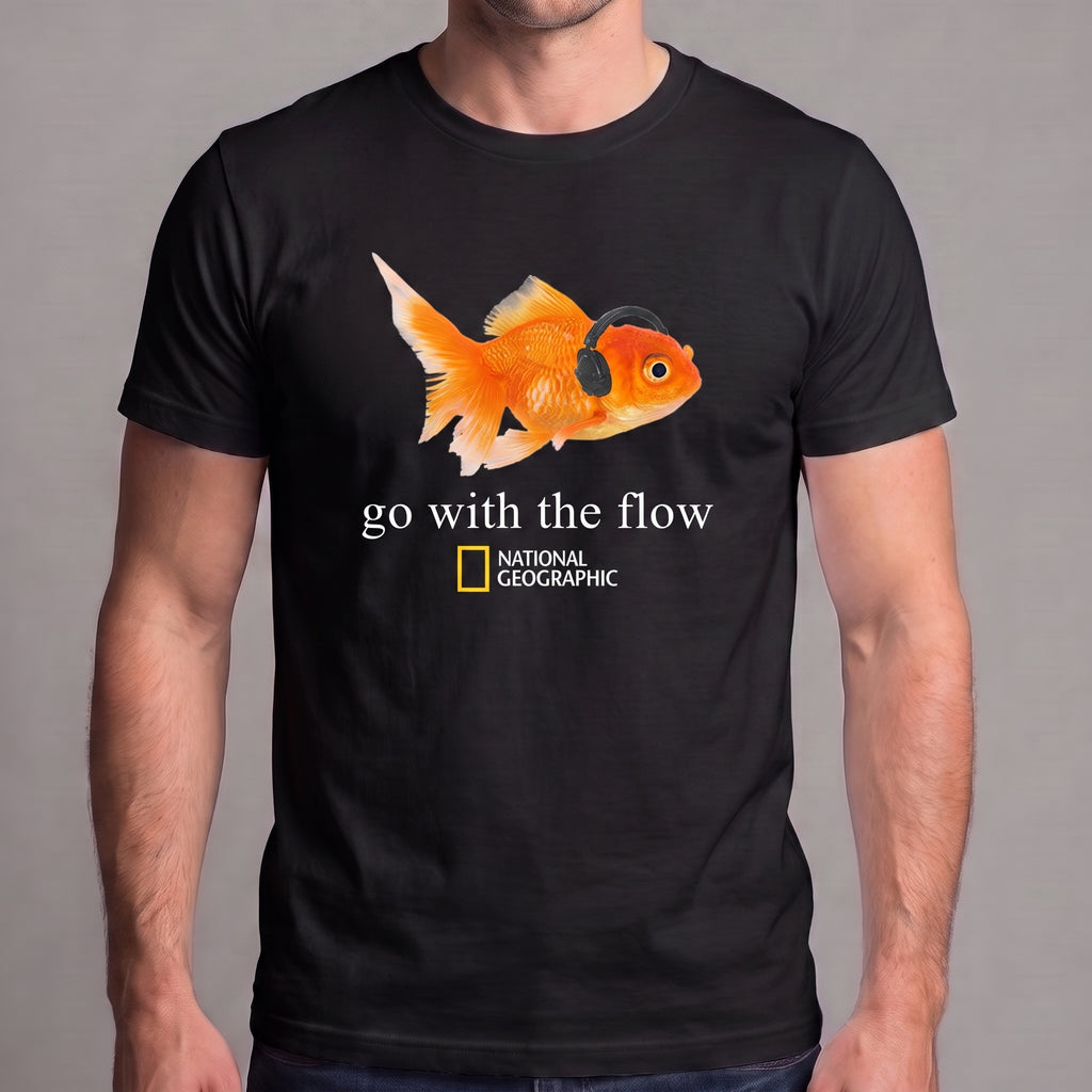 Go With the Flow Goldfish T-Shirt – Funny Fish Wearing Headphones Graphic Tee, Music Lover Aquarium Shirt