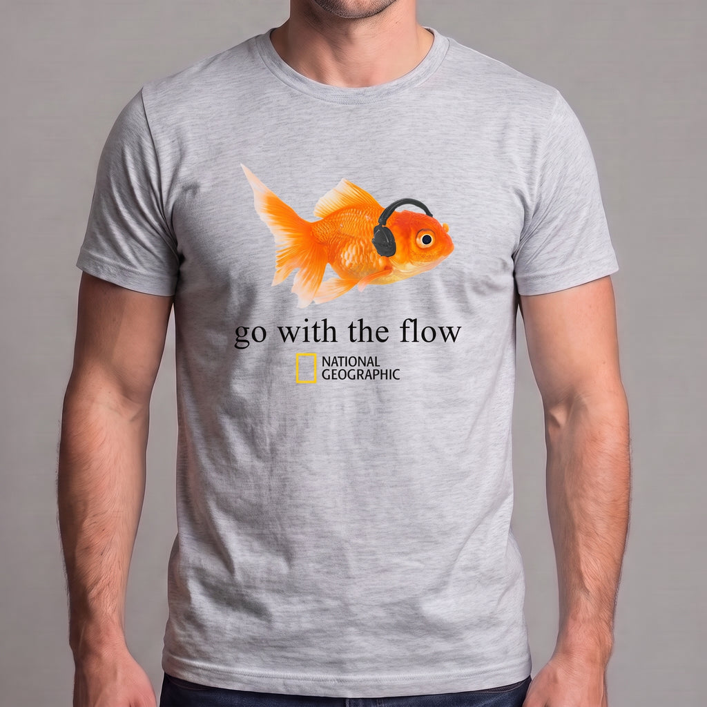 Go With the Flow Goldfish T-Shirt – Funny Fish Wearing Headphones Graphic Tee, Music Lover Aquarium Shirt
