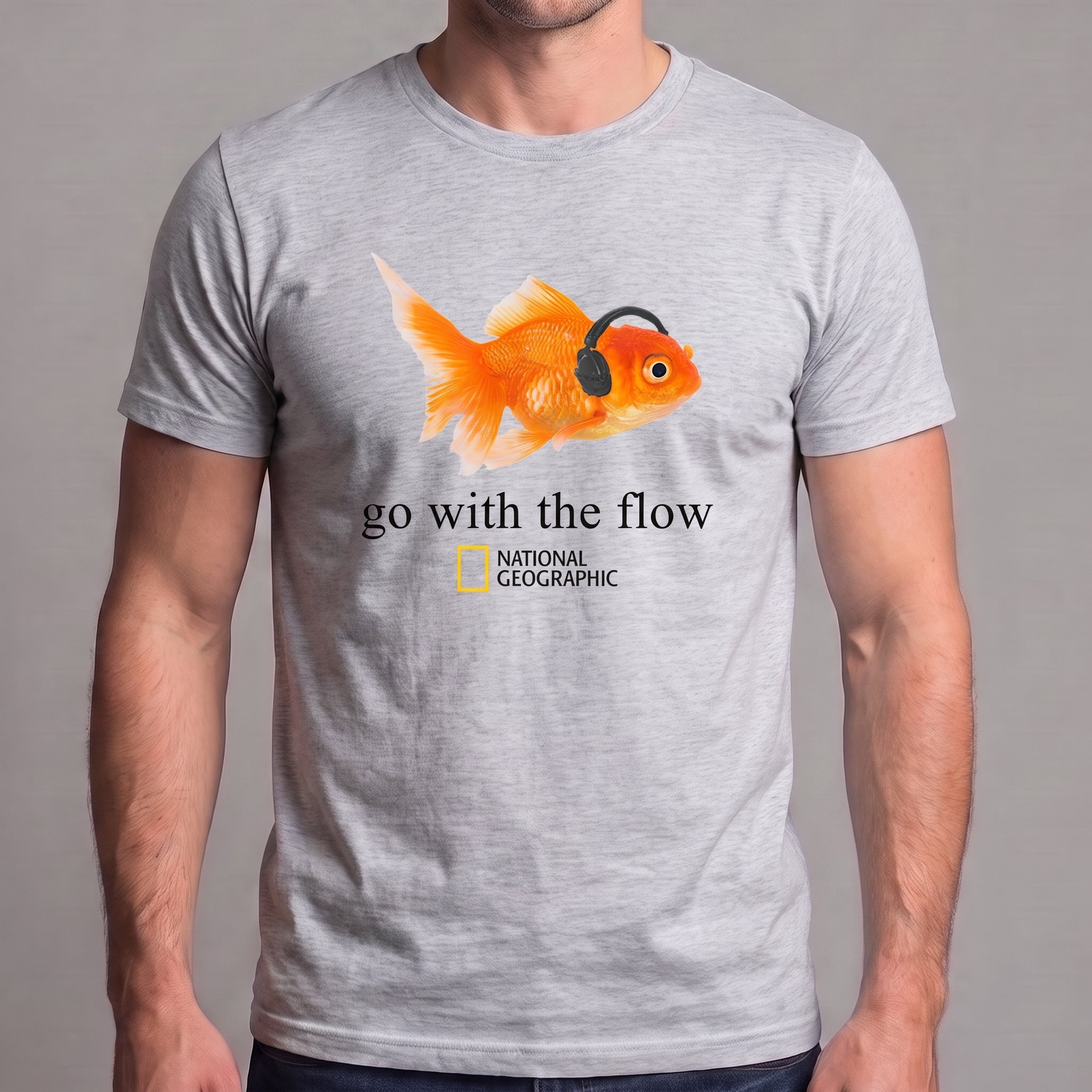 Go With the Flow Goldfish T-Shirt – Funny Fish Wearing Headphones Graphic Tee, Music Lover Aquarium Shirt