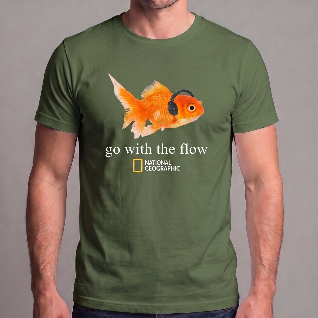 Go With the Flow Goldfish T-Shirt – Funny Fish Wearing Headphones Graphic Tee, Music Lover Aquarium Shirt