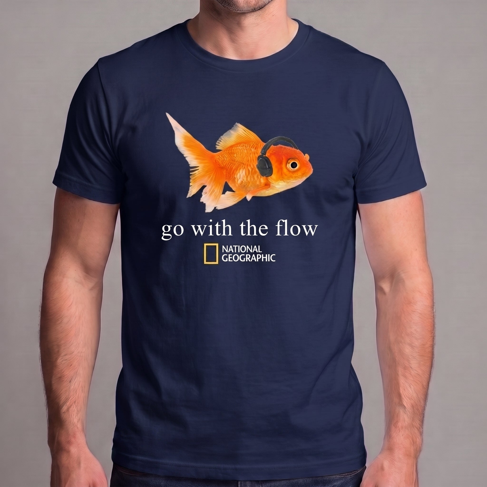 Go With the Flow Goldfish T-Shirt – Funny Fish Wearing Headphones Graphic Tee, Music Lover Aquarium Shirt