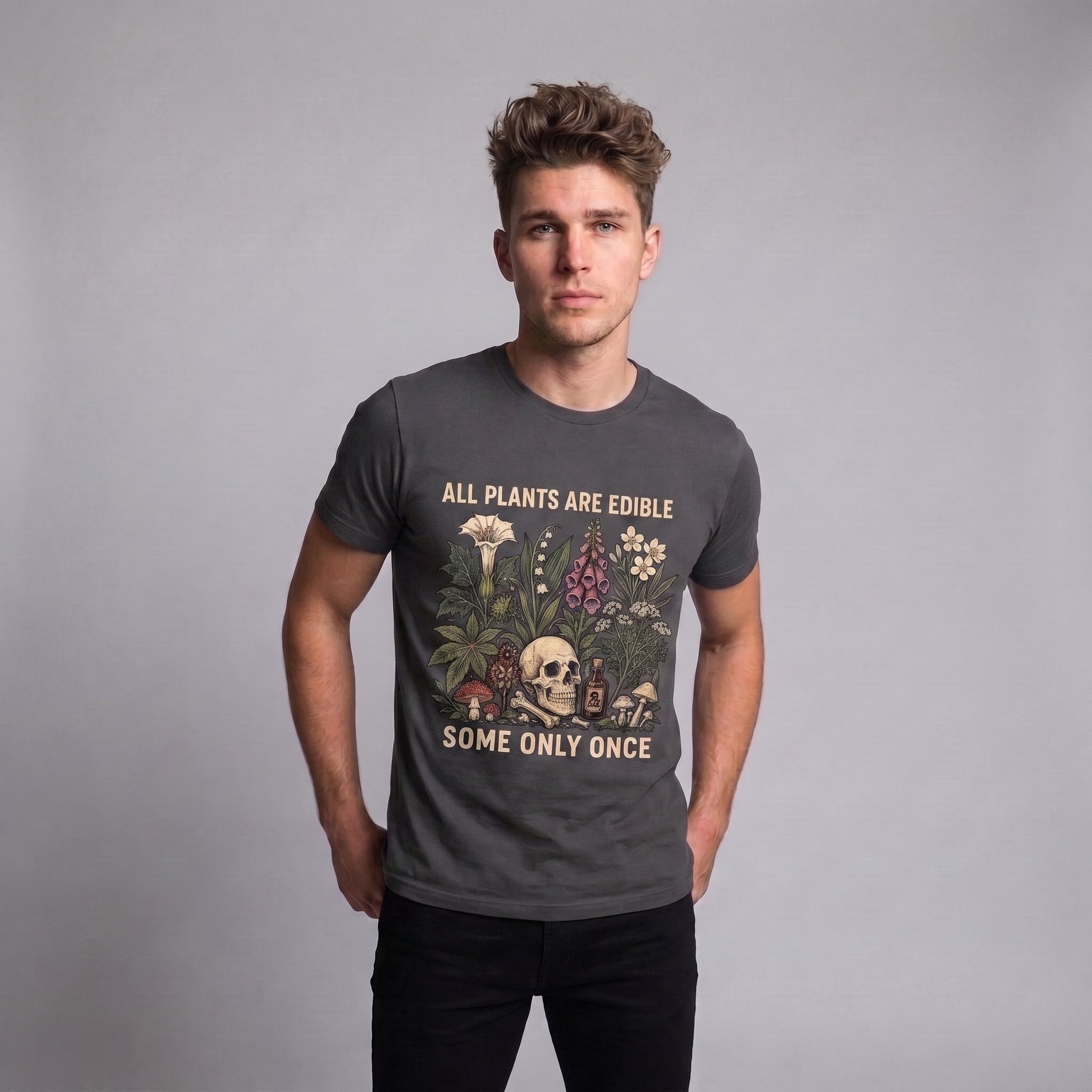 All Plants Are Edible Some Only Once T-Shirt – Funny Gardening Tee, Gothic Botanical Skull Graphic Shirt, Dark Plant Lover Gift