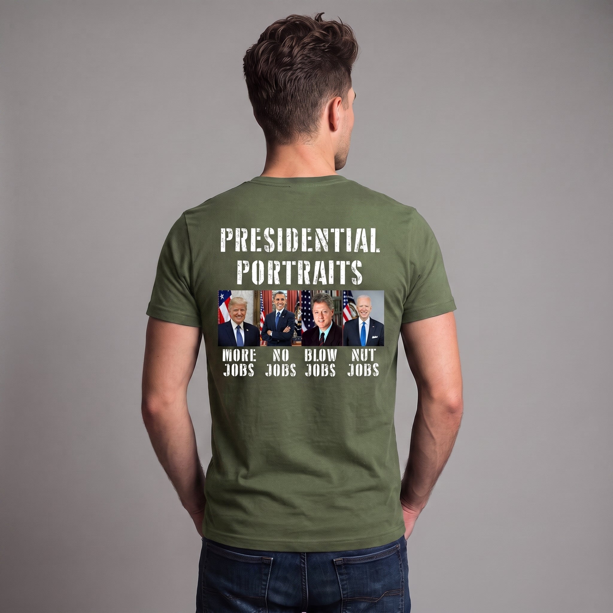 Presidential Portraits Political Satire T-Shirt – Funny US Presidents Graphic Tee, More Jobs No Jobs Blow Jobs Nut Jobs Shirt