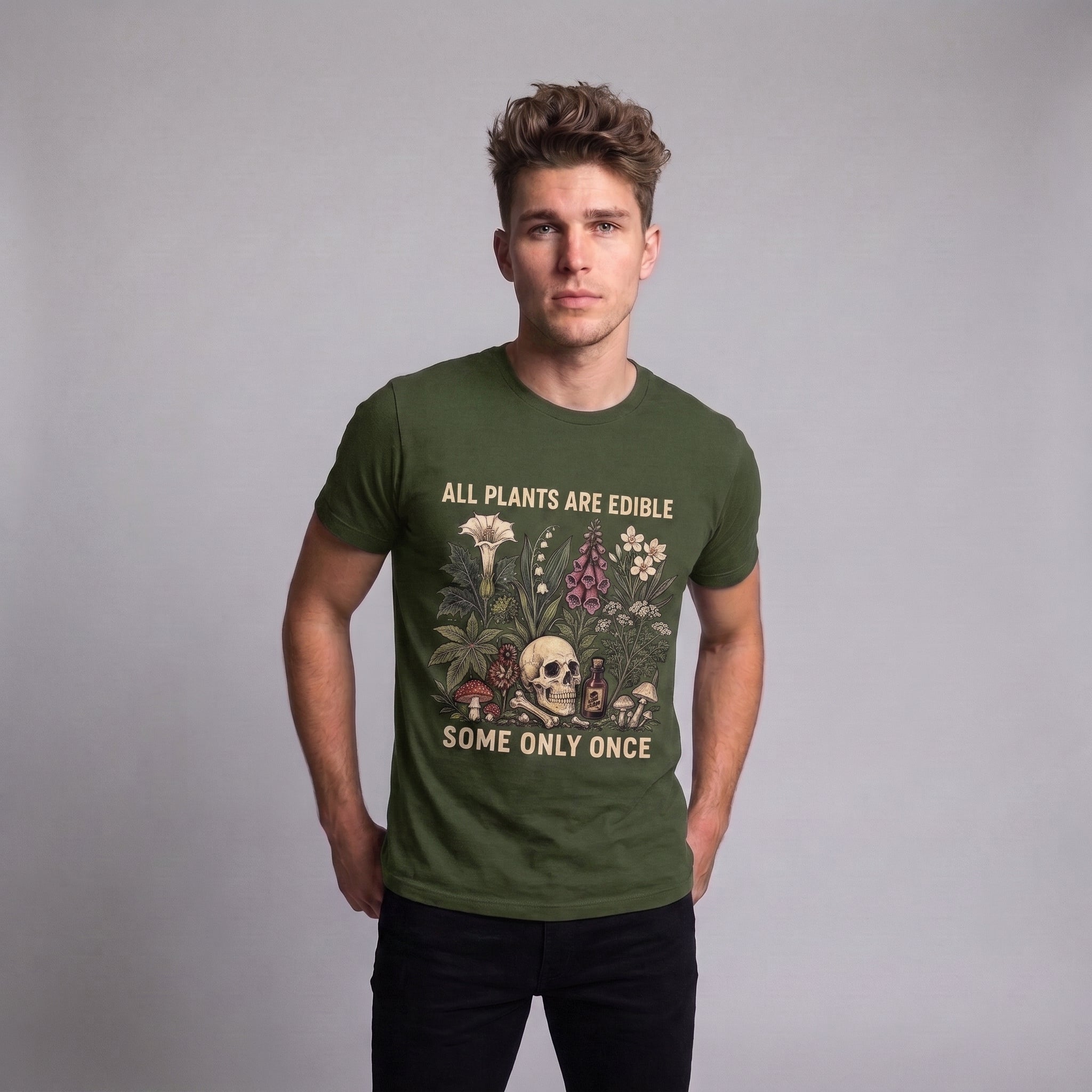 All Plants Are Edible Some Only Once T-Shirt – Funny Gardening Tee, Gothic Botanical Skull Graphic Shirt, Dark Plant Lover Gift