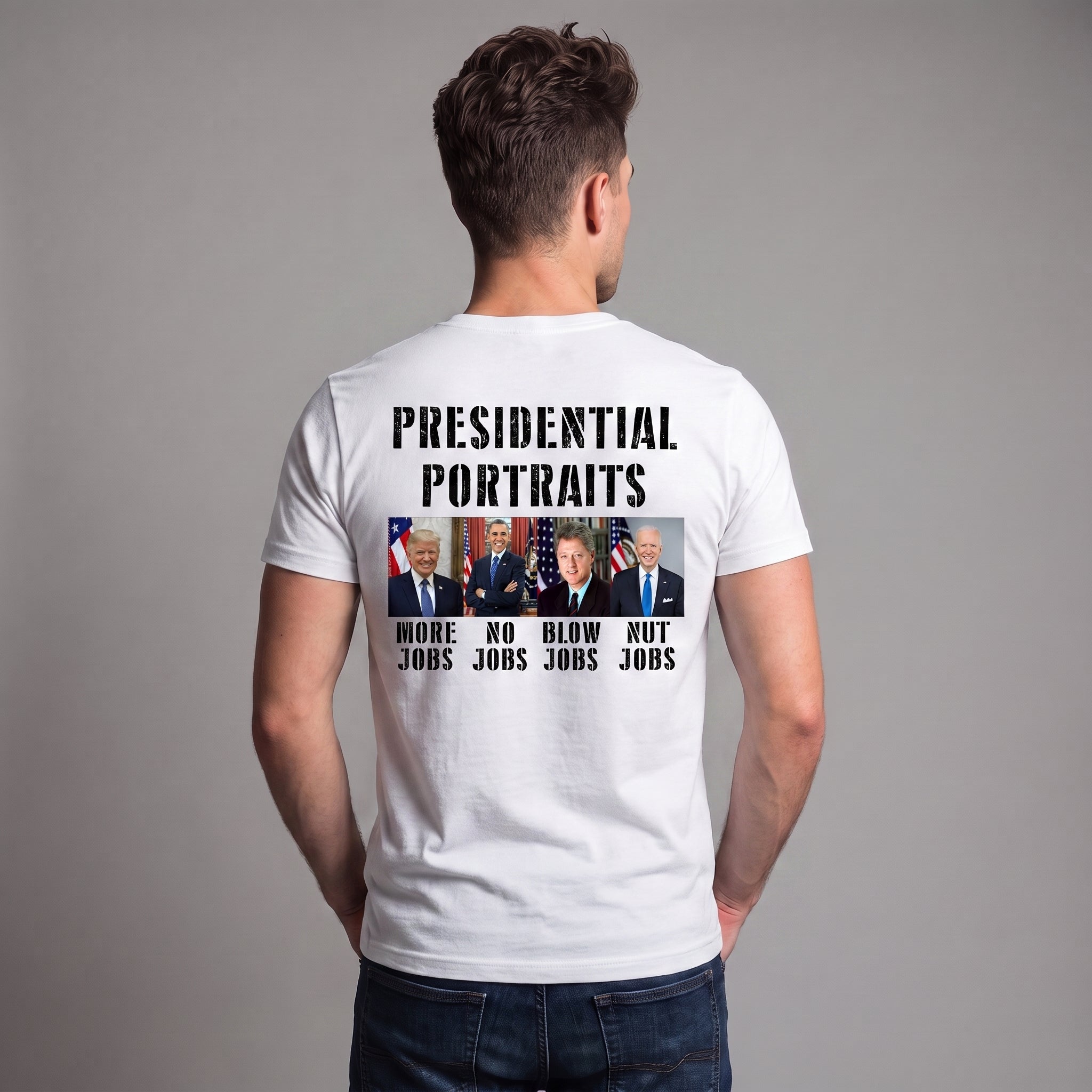 Presidential Portraits Political Satire T-Shirt – Funny US Presidents Graphic Tee, More Jobs No Jobs Blow Jobs Nut Jobs Shirt