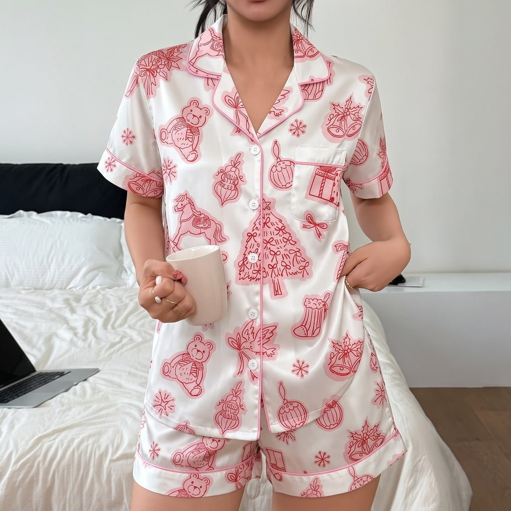 Pink Christmas Pajama Set, Vintage Holiday Satin Lounge Set, Coquette Xmas Sleepwear PJS, Christmas Gift for Her Women