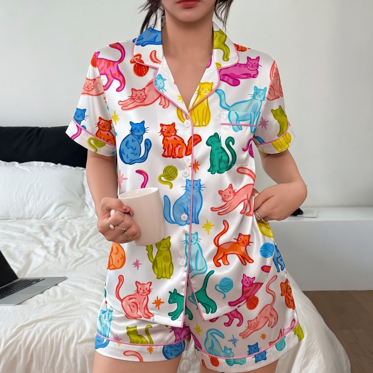 Cute Colorful Cat Pajama Set, White Satin Kitty PJS, Vibrant Cat Lover Sleepwear, Birthday Gift for Friends Sister