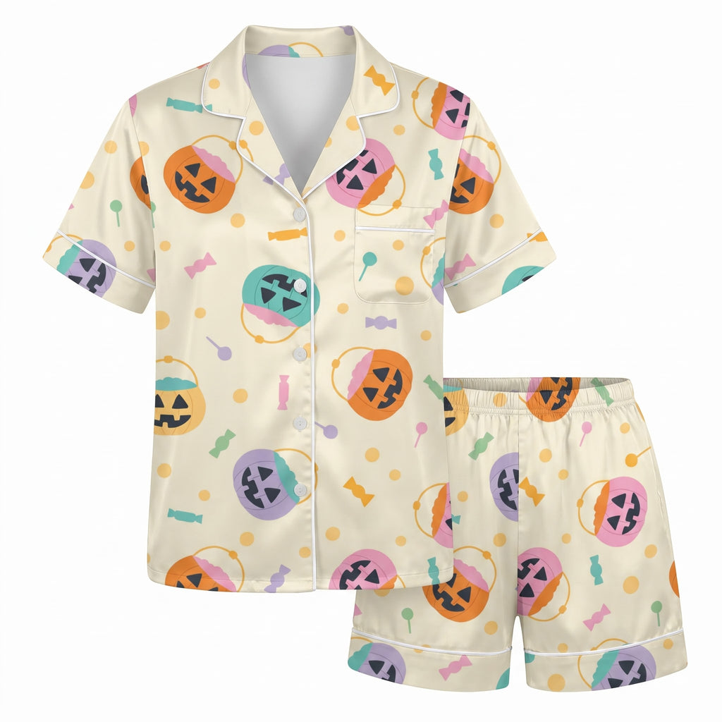 Pastel Halloween Satin Pajama Set, Pumpkin Bucket Silk Sleepwear, Button Down Long Sleeve Pjs, Cute Spooky Gift for Her