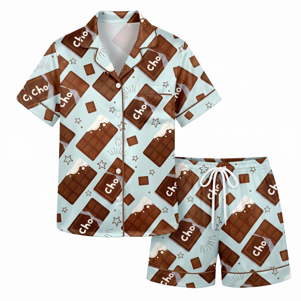 Cute Chocolate Silk Satin Pajama Set, Chocolate Bar Pattern Lounge Set, Sweet Snack Sleepwear, Gift for Friends Sister