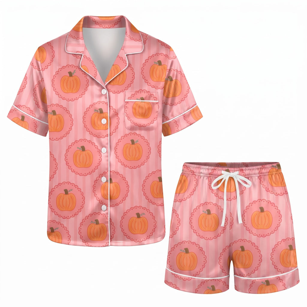 Pink Pumpkin Pajama Set, Cute Coquette Autumn Sleepwear, Soft Pink Halloween Lounge Set Gift for Women Birthday