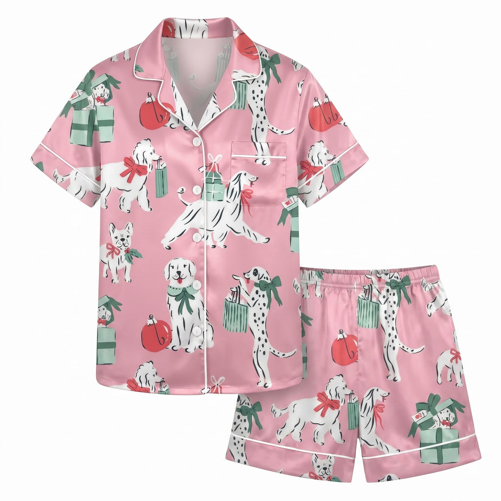 Pink Christmas Dog Satin Pajama Set, Dalmatian Silk Sleepwear, Festive Holiday Button Down Pjs, Dog Lover Gift for Her