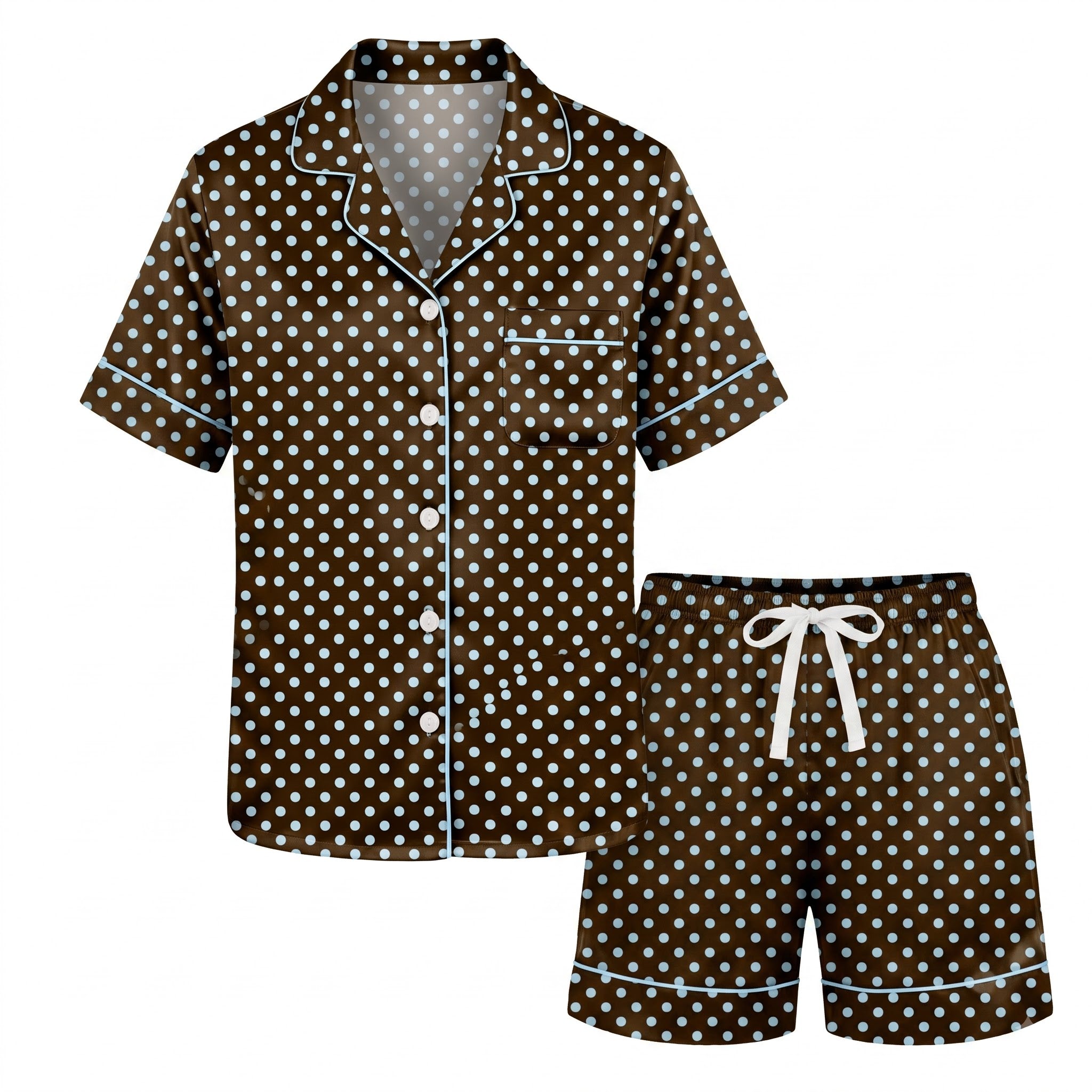 Brown Polka Dot Satin Pajama Set, Chocolate Silk Sleepwear, Light Blue Dot Pattern Lounge Set, Gift for Her Women