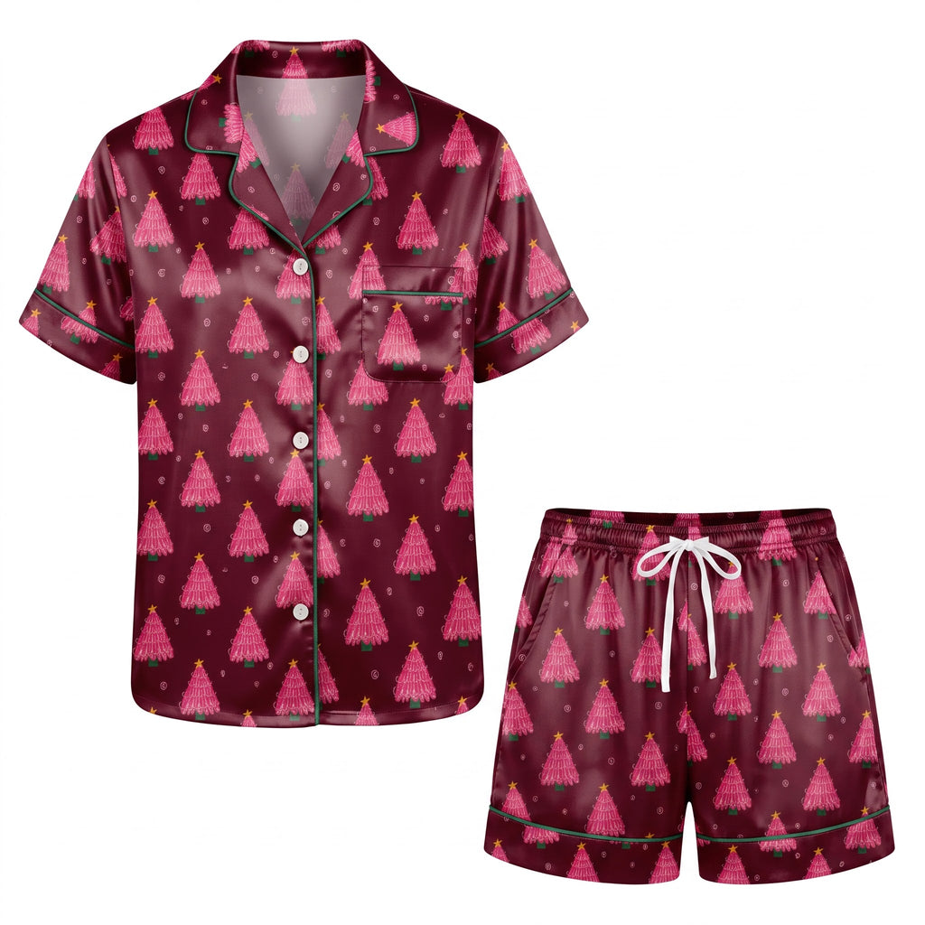 Pink Christmas Tree Pajama Set, Women’s Holiday Satin Sleepwear, Burgundy Xmas PJs